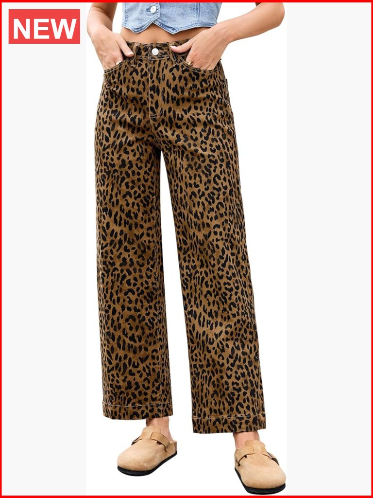 Wide Leg Cheetah Print High Waisted Stretchy Trouser Jeans